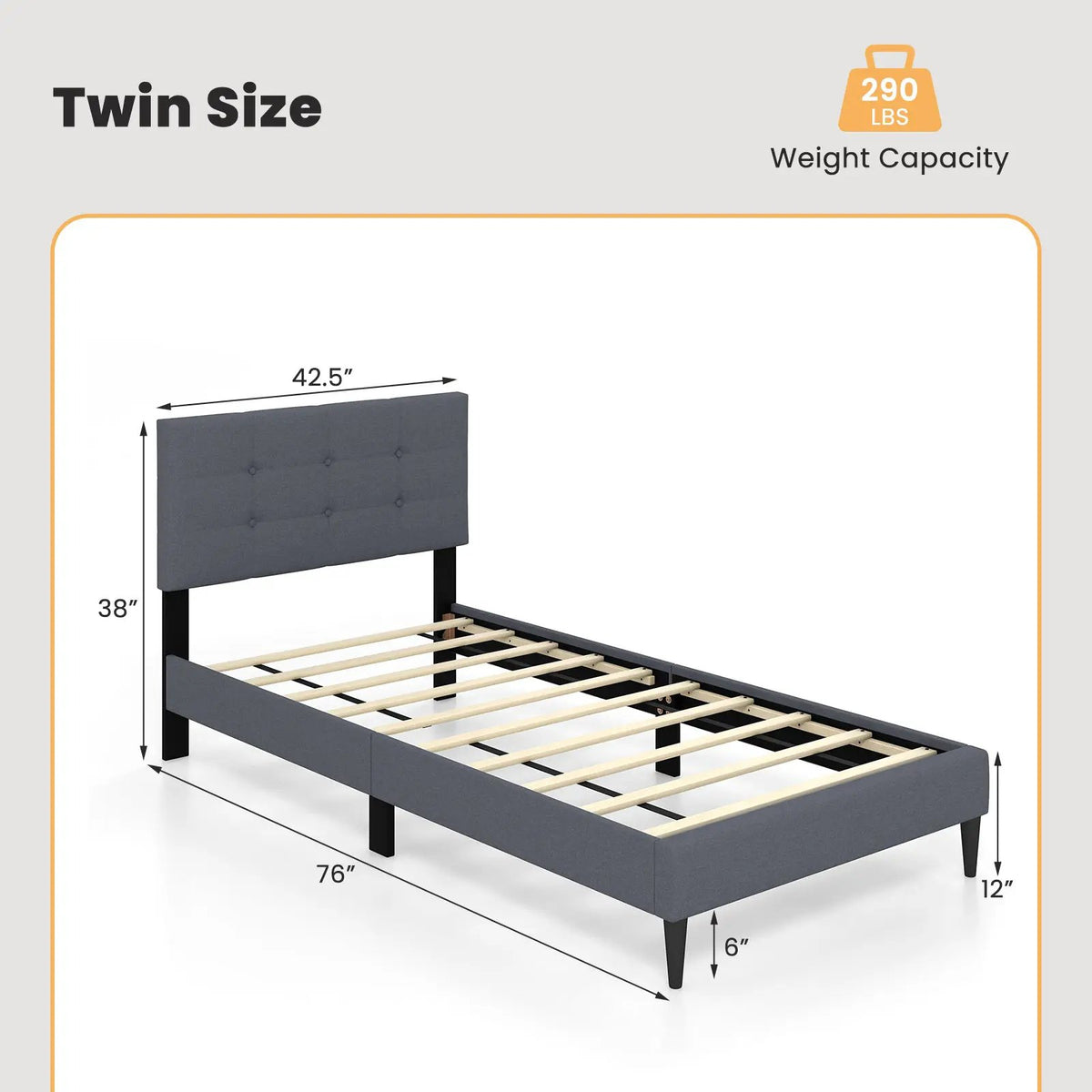 Twin Size Upholstered Platform Bed with Button Tufted Headboard-Gray, photo 4 of 9