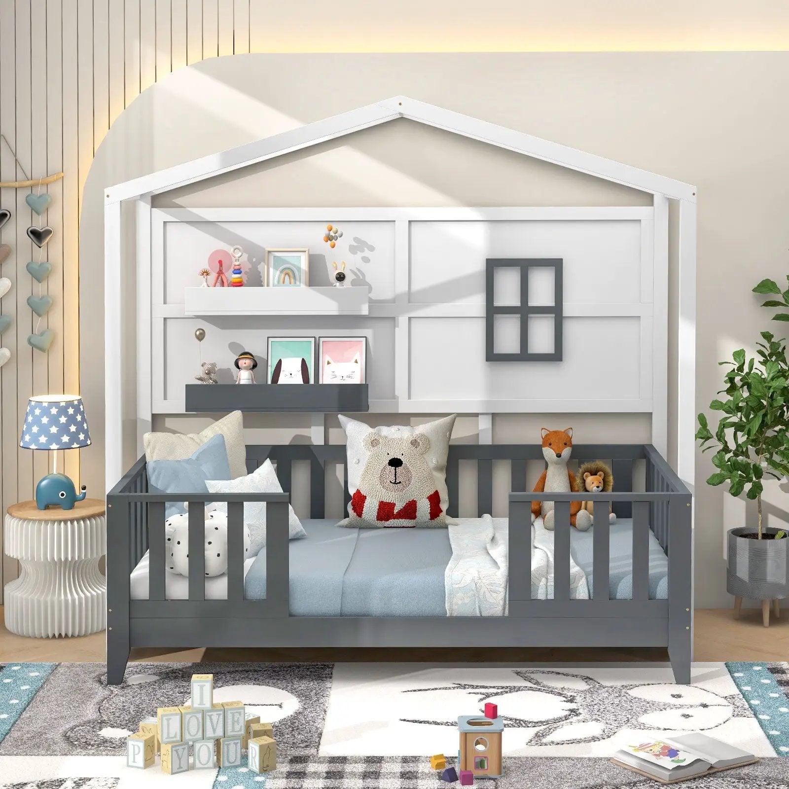 Twin Wood House Bed Montessori Floor Bed with 2 Shelves and Guardrails-Gray & White by DirectDeals