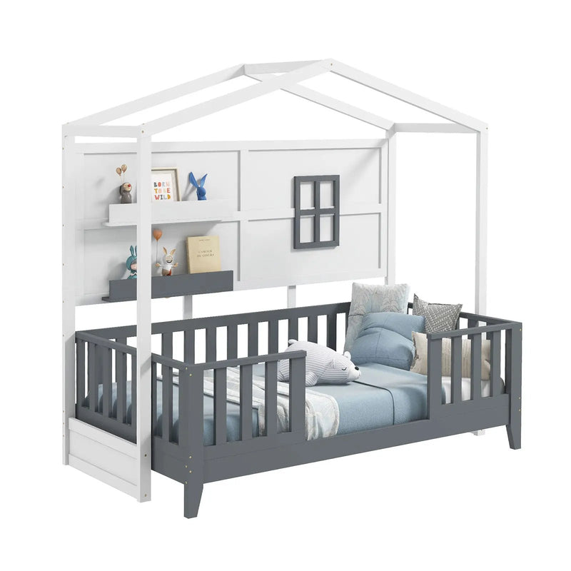 Twin Wood House Bed Montessori Floor Bed with 2 Shelves and Guardrails-Gray & White by DirectDeals