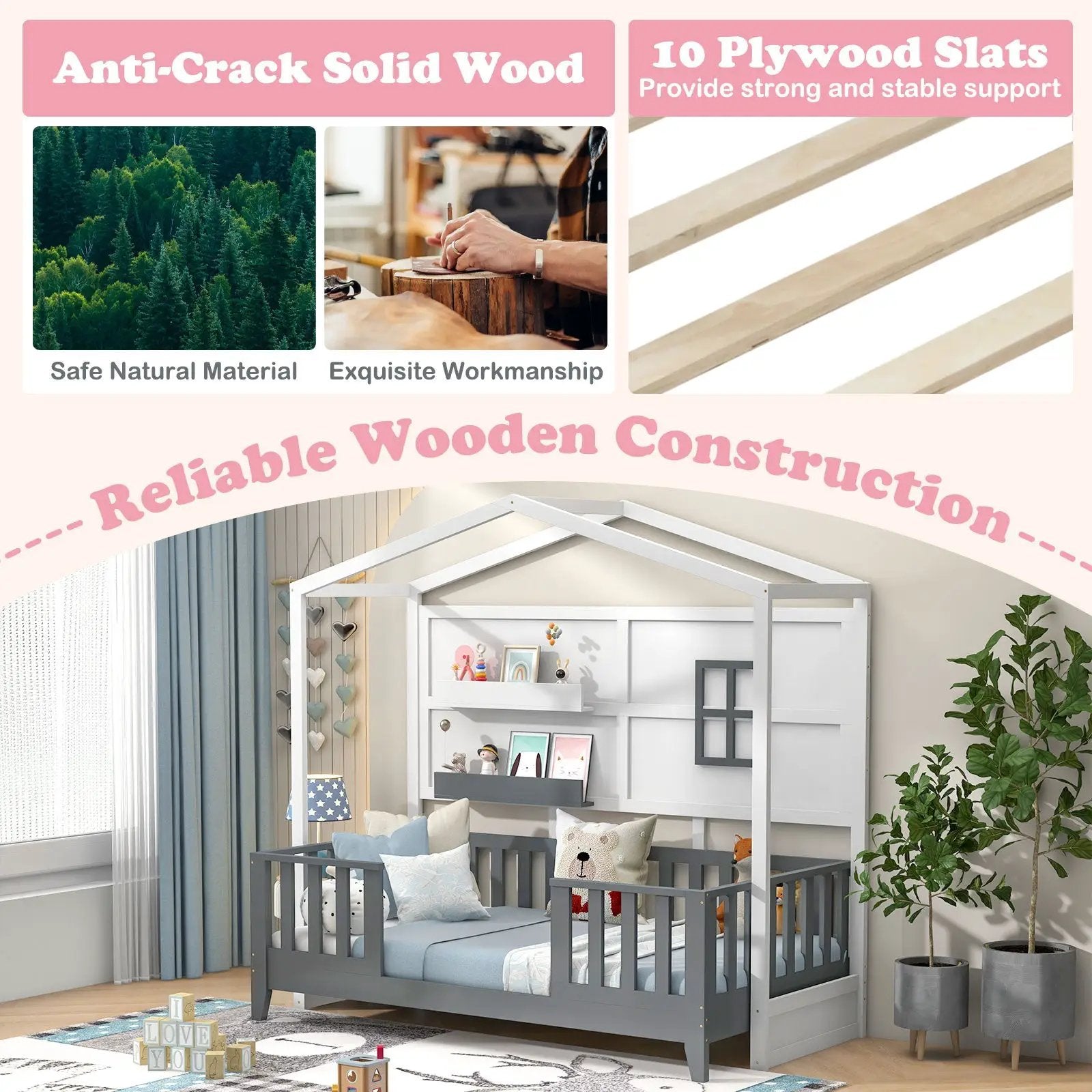 Twin Wood House Bed Montessori Floor Bed with 2 Shelves and Guardrails-Gray & White by DirectDeals