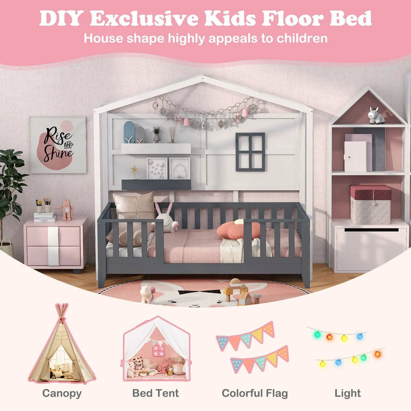 Twin Wood House Bed Montessori Floor Bed with 2 Shelves and Guardrails-Gray & White by DirectDeals