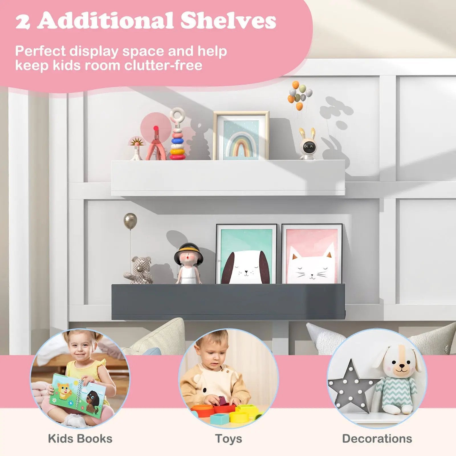 Twin Wood House Bed Montessori Floor Bed with 2 Shelves and Guardrails-Gray & White by DirectDeals
