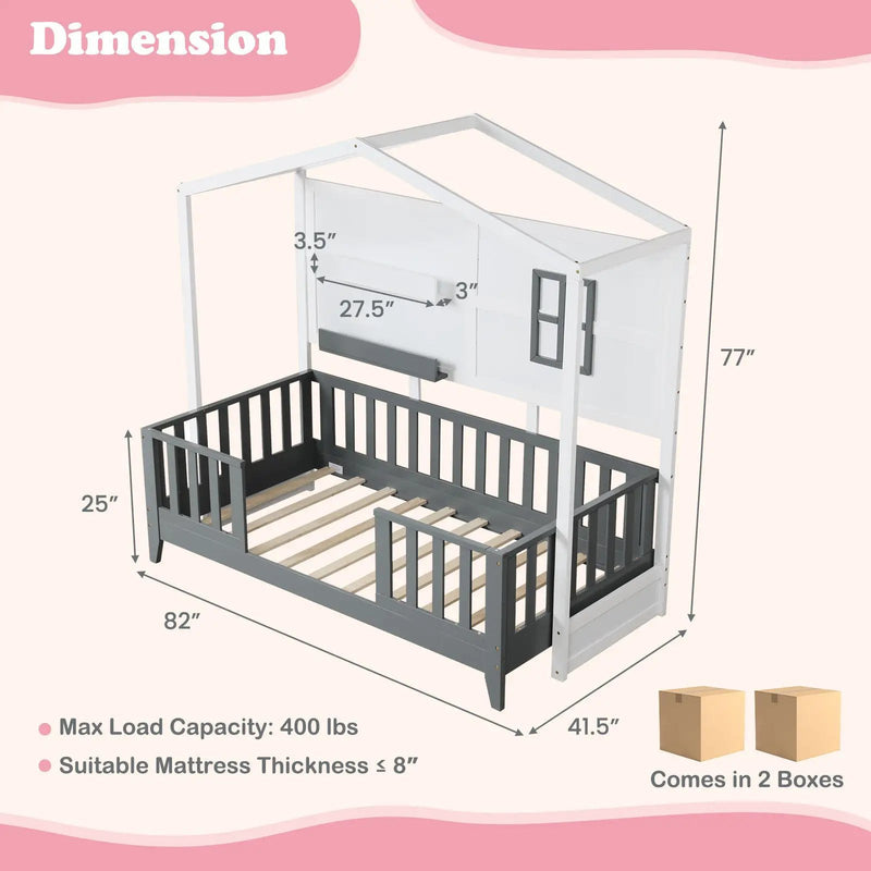 Twin Wood House Bed Montessori Floor Bed with 2 Shelves and Guardrails-Gray & White by DirectDeals