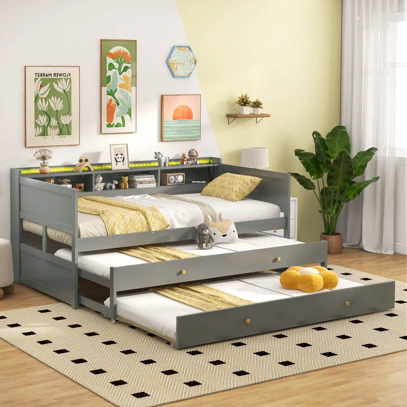 Twin XL Captain Bed with 2 Twin Trundle Beds and 3 Storage Cubbies-Gray by DirectDeals