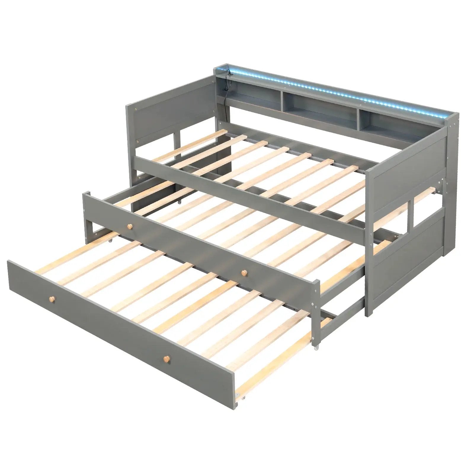 Twin XL Captain Bed with 2 Twin Trundle Beds and 3 Storage Cubbies-Gray by DirectDeals