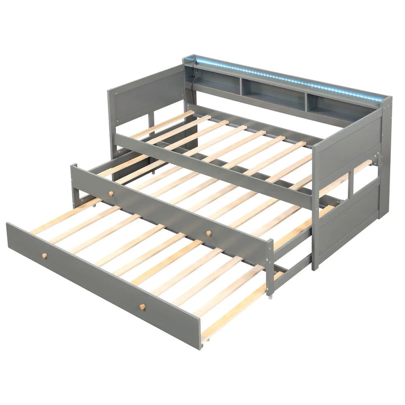 Twin XL Captain Bed with 2 Twin Trundle Beds and 3 Storage Cubbies-Gray by DirectDeals