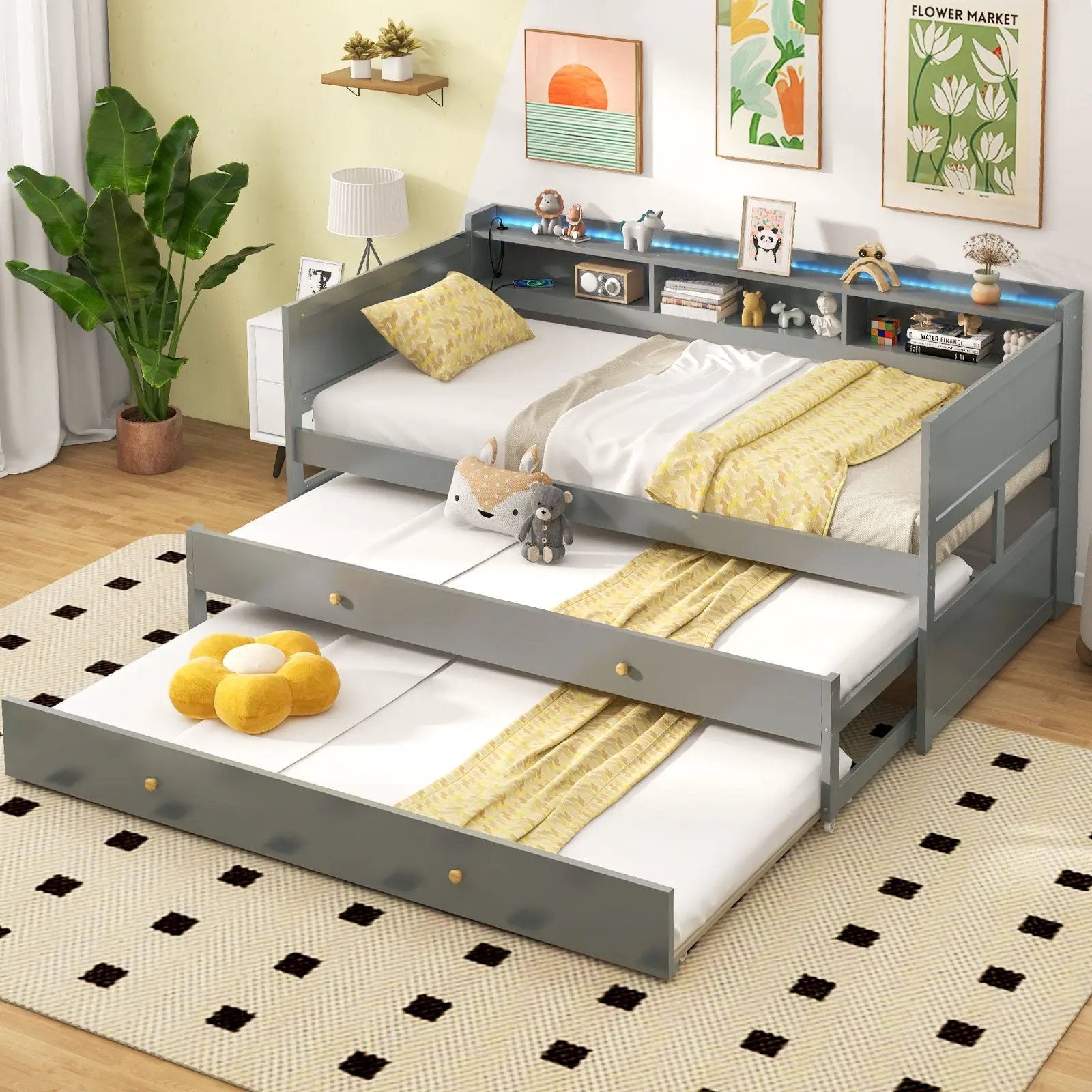 Twin XL Captain Bed with 2 Twin Trundle Beds and 3 Storage Cubbies-Gray by DirectDeals
