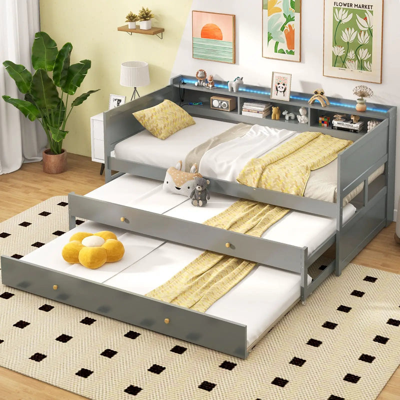 Twin XL Captain Bed with 2 Twin Trundle Beds and 3 Storage Cubbies-Gray by DirectDeals