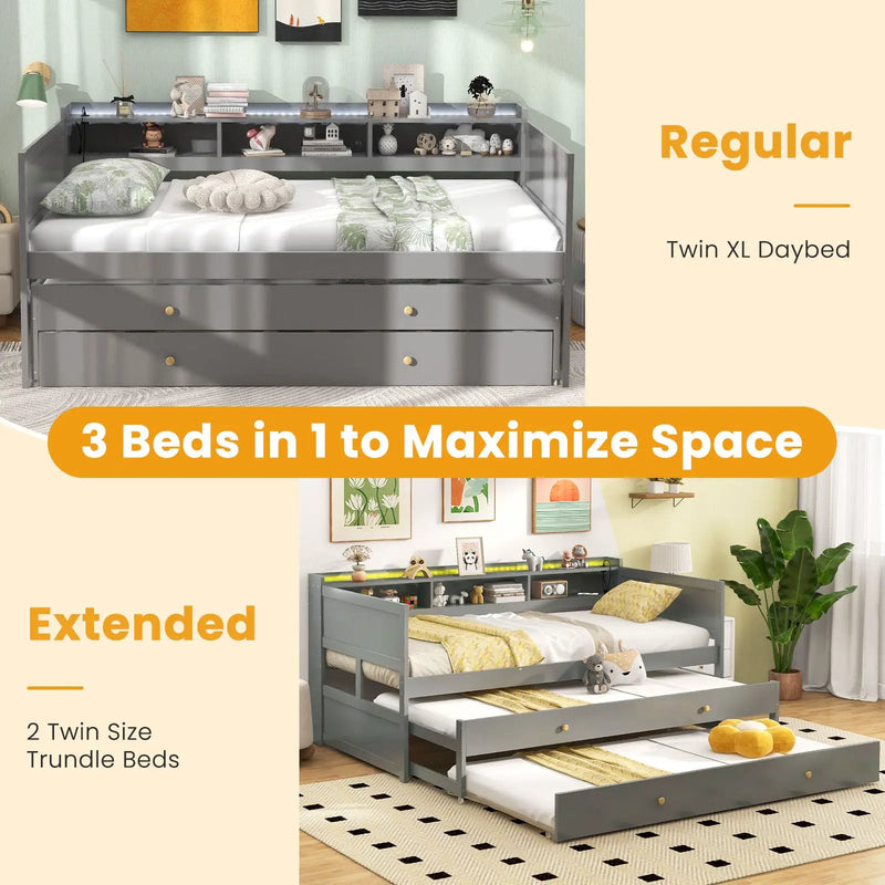 Twin XL Captain Bed with 2 Twin Trundle Beds and 3 Storage Cubbies-Gray by DirectDeals