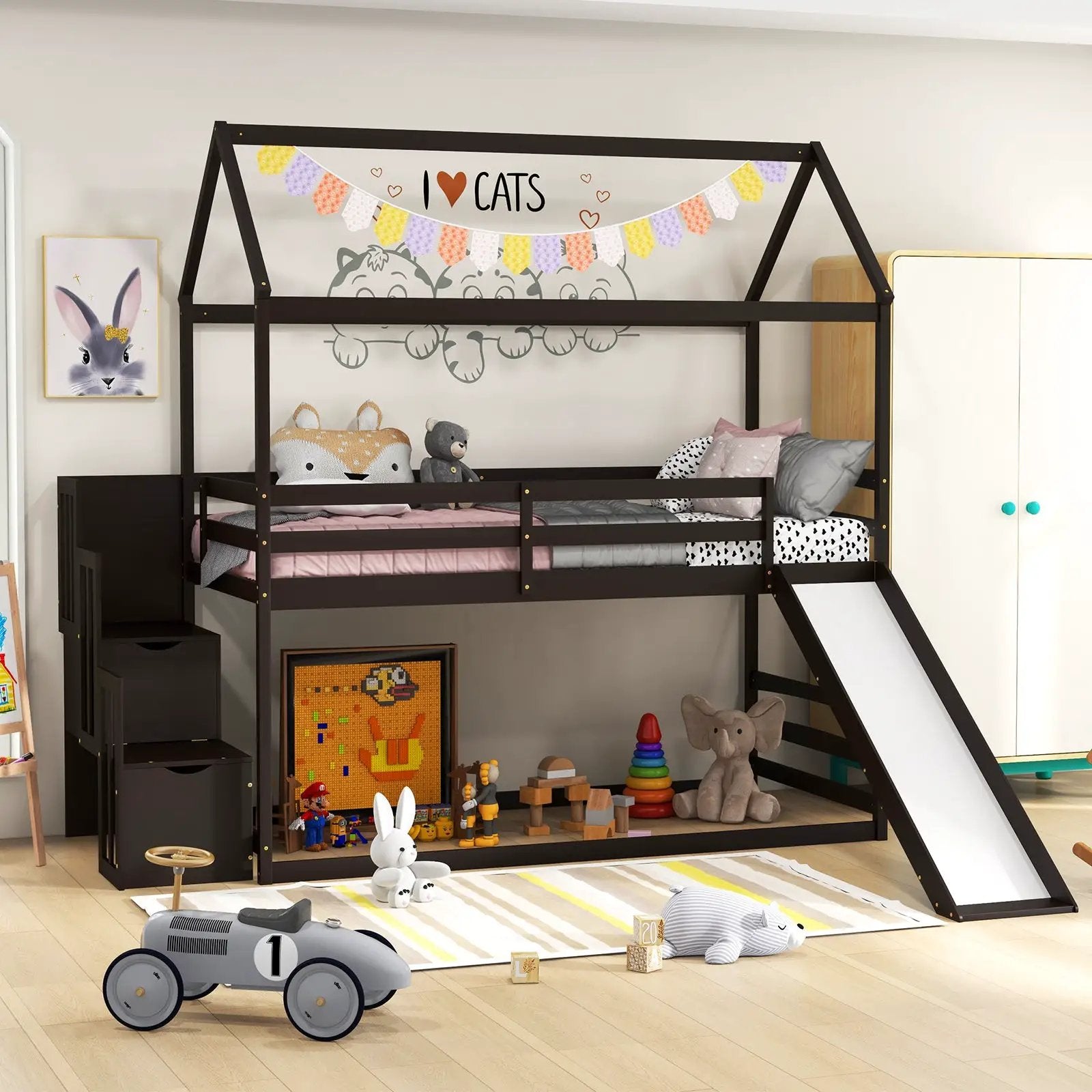 Twin over Twin Bunk Bed with Slide and 2-Step Storage Staircase by DirectDeals