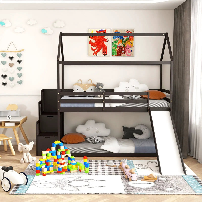 Twin over Twin Bunk Bed with Slide and 2-Step Storage Staircase by DirectDeals