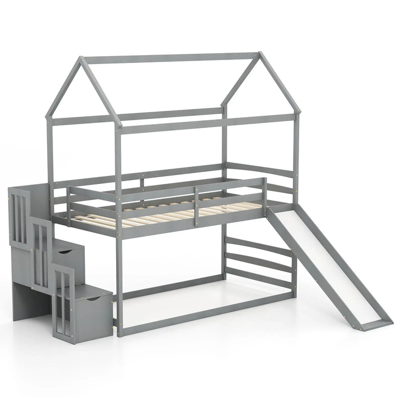 Twin over Twin Bunk Bed with Slide and 2-Step Storage Staircase by DirectDeals