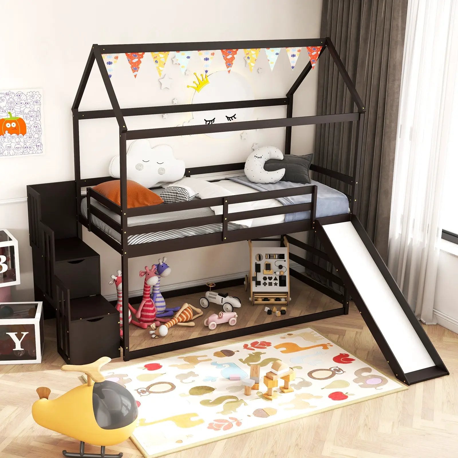Twin over Twin Bunk Bed with Slide and 2-Step Storage Staircase by DirectDeals