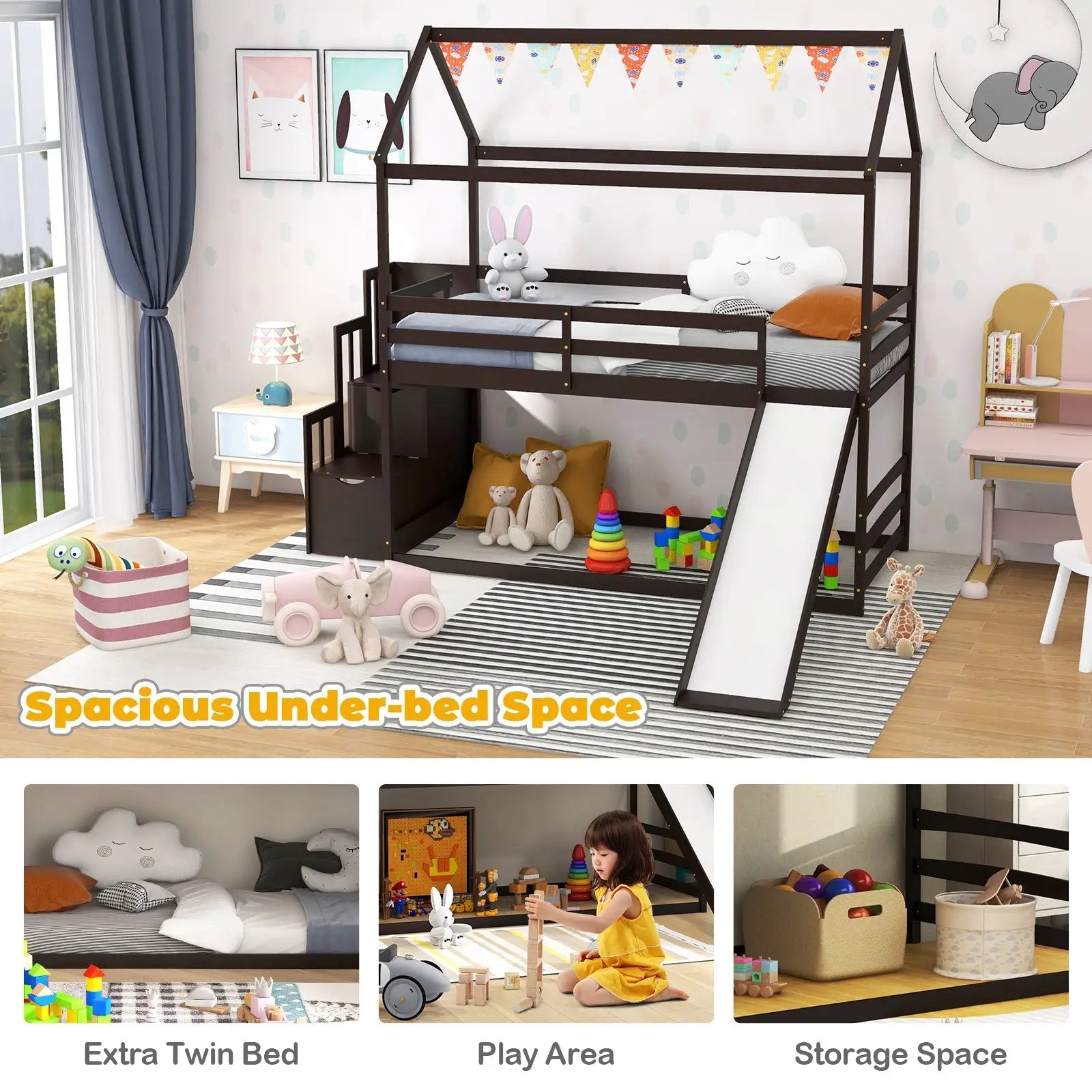Twin over Twin Bunk Bed with Slide and 2-Step Storage Staircase by DirectDeals