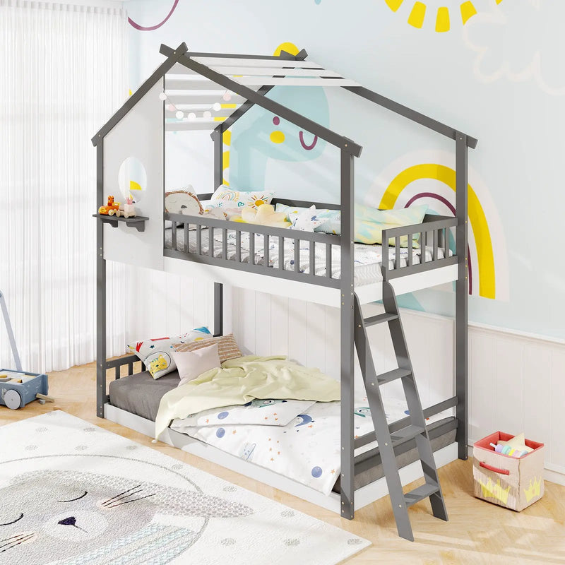 Twin over Twin House Bunk Bed with Roof and Guardrails for Kids-White & Gray by DirectDeals