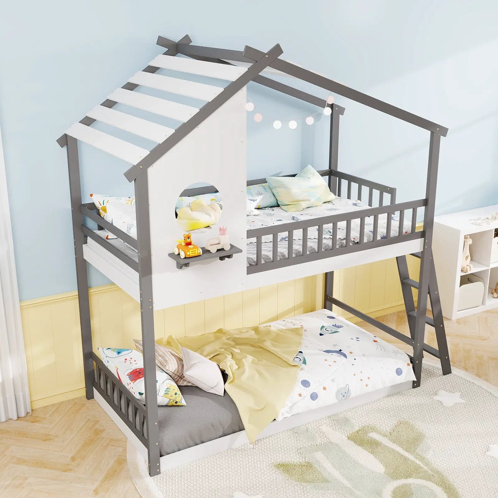 Twin over Twin House Bunk Bed with Roof and Guardrails for Kids-White & Gray by DirectDeals