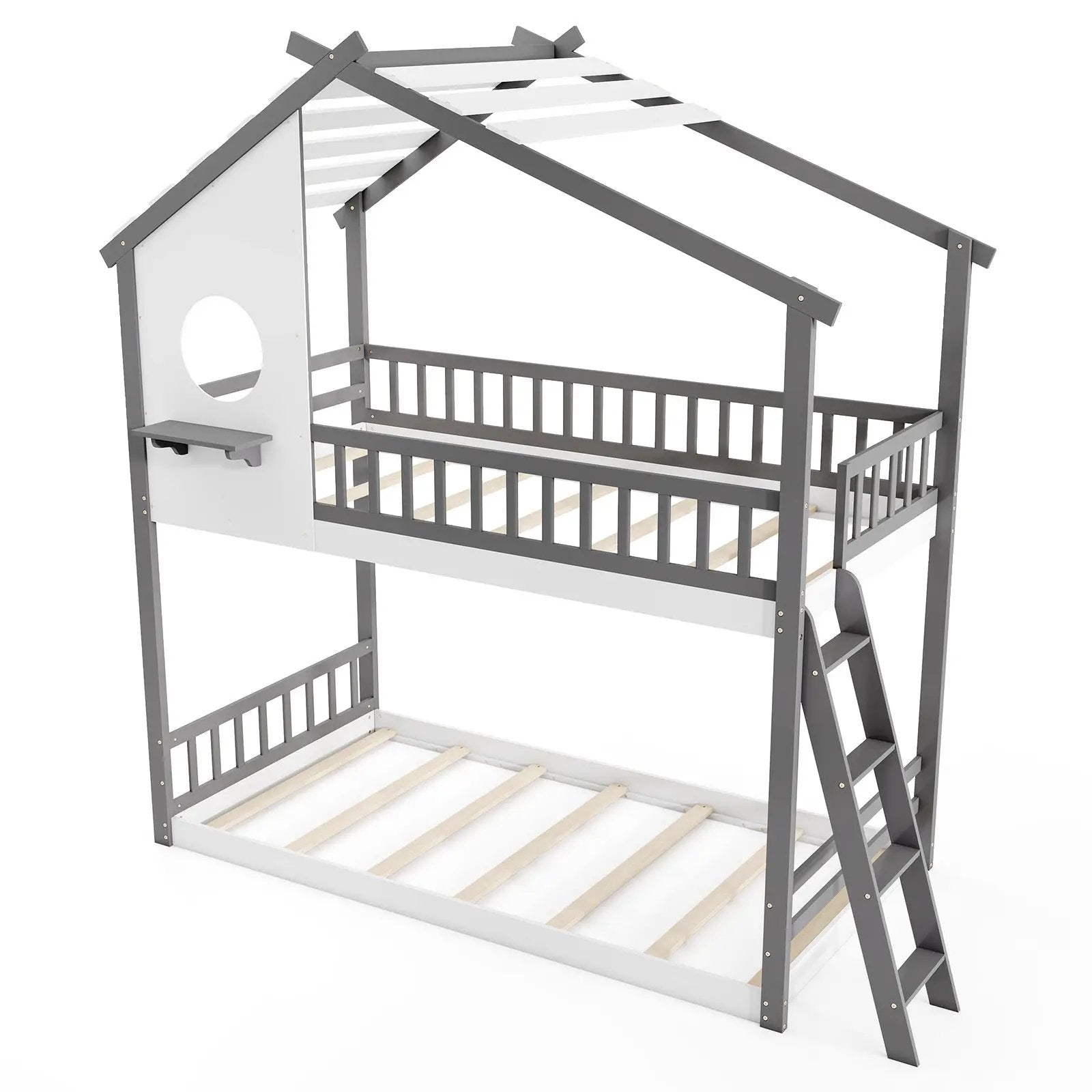 Twin over Twin House Bunk Bed with Roof and Guardrails for Kids-White & Gray by DirectDeals