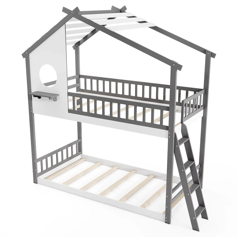 Twin over Twin House Bunk Bed with Roof and Guardrails for Kids-White & Gray by DirectDeals
