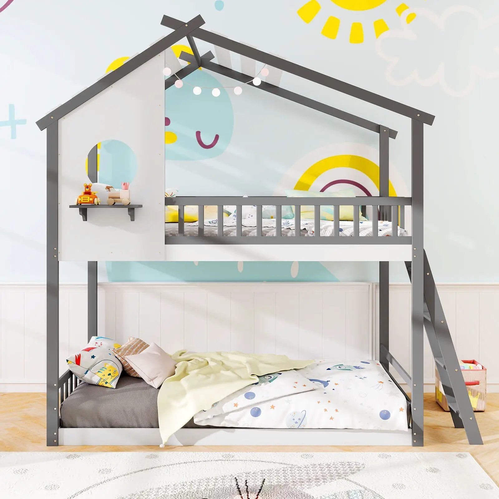 Twin over Twin House Bunk Bed with Roof and Guardrails for Kids-White & Gray by DirectDeals
