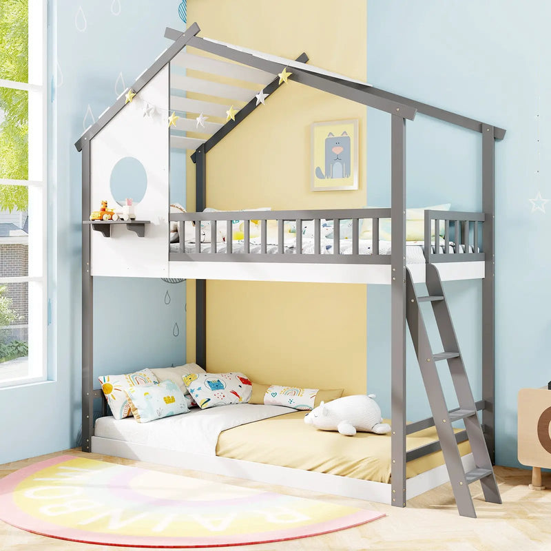Twin over Twin House Bunk Bed with Roof and Guardrails for Kids-White & Gray by DirectDeals
