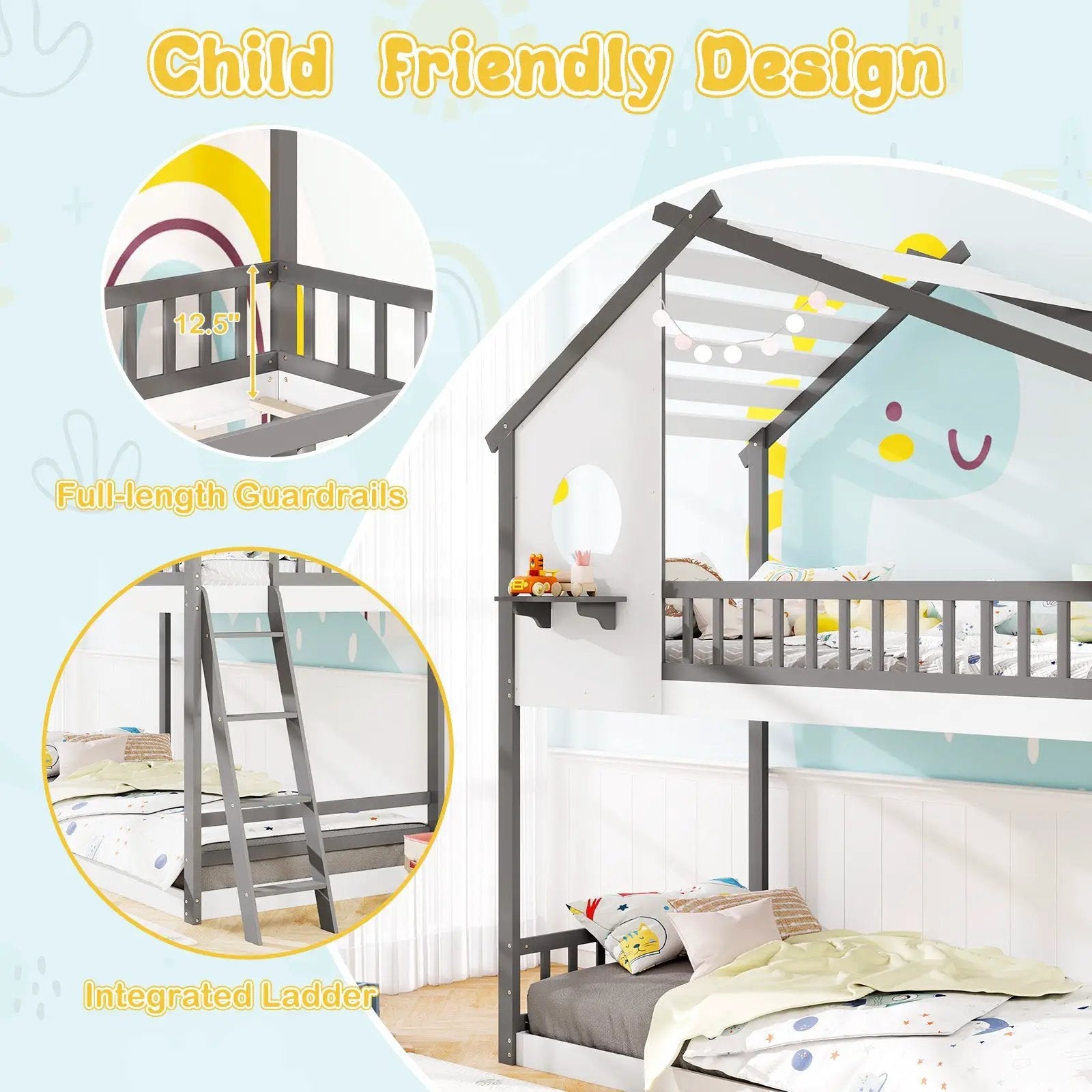 Twin over Twin House Bunk Bed with Roof and Guardrails for Kids-White & Gray by DirectDeals