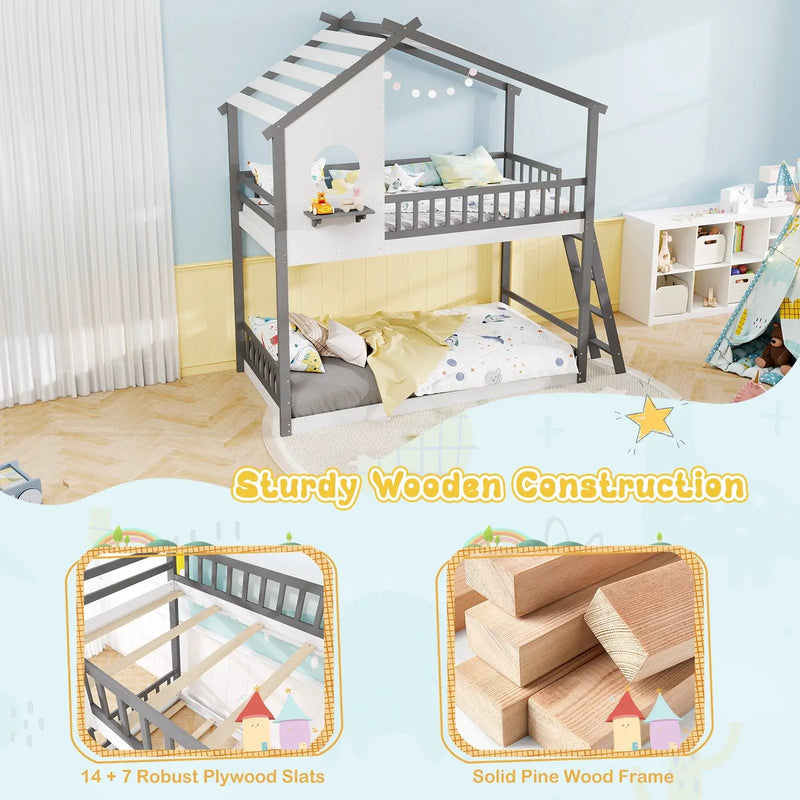 Twin over Twin House Bunk Bed with Roof and Guardrails for Kids-White & Gray by DirectDeals