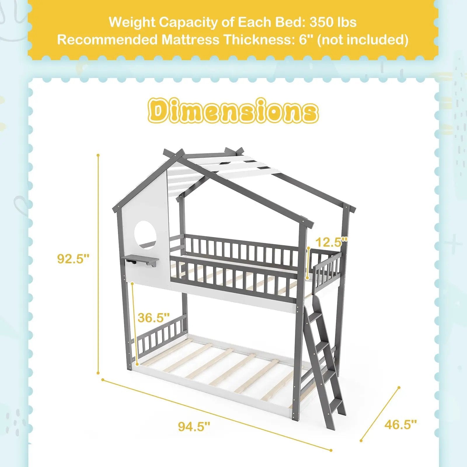 Twin over Twin House Bunk Bed with Roof and Guardrails for Kids-White & Gray by DirectDeals