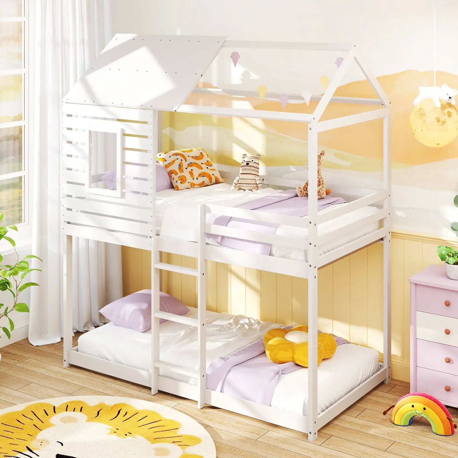 Twin over Twin House Bunk Bed with Roof and Full-length Guardrails-White by DirectDeals