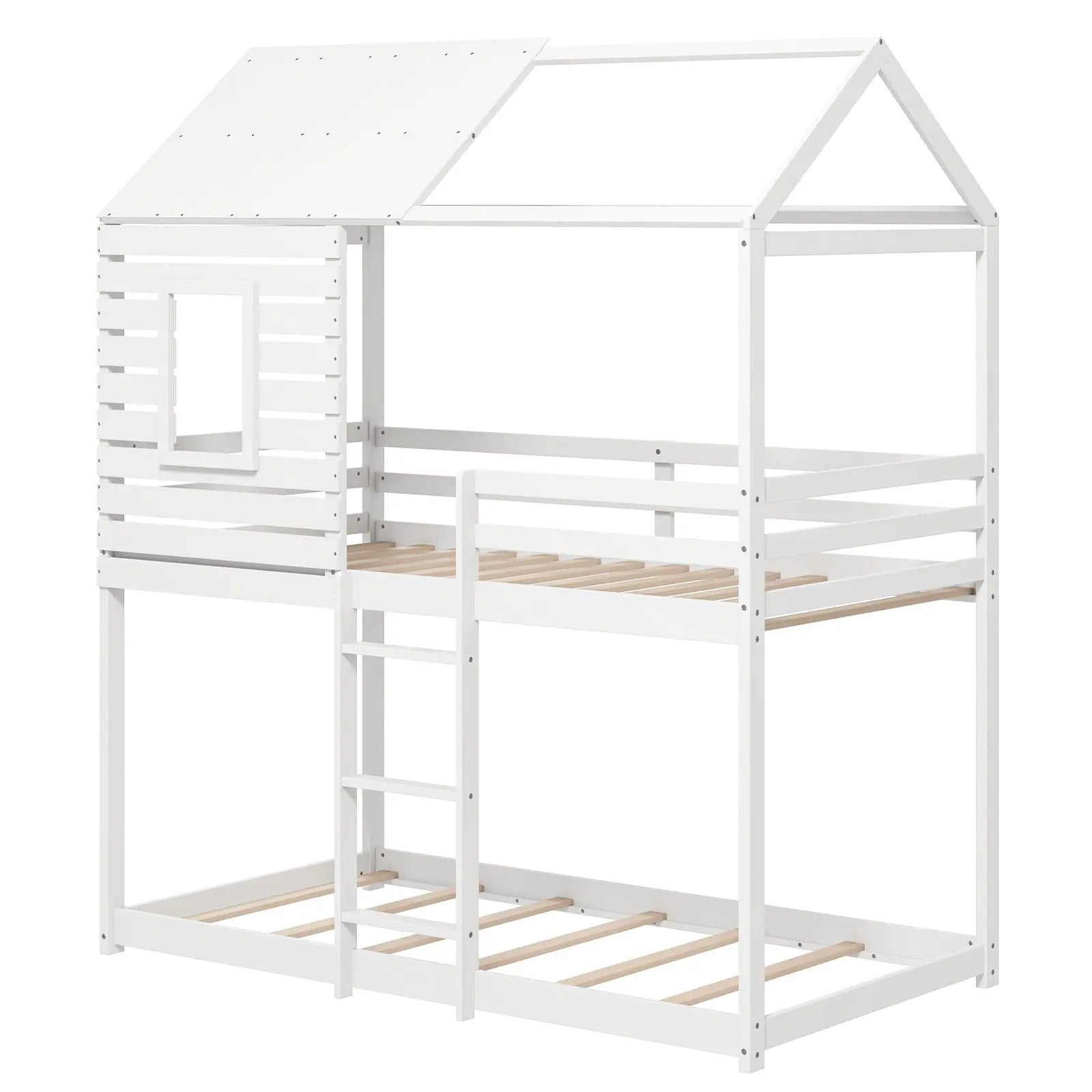 Twin over Twin House Bunk Bed with Roof and Full-length Guardrails-White by DirectDeals