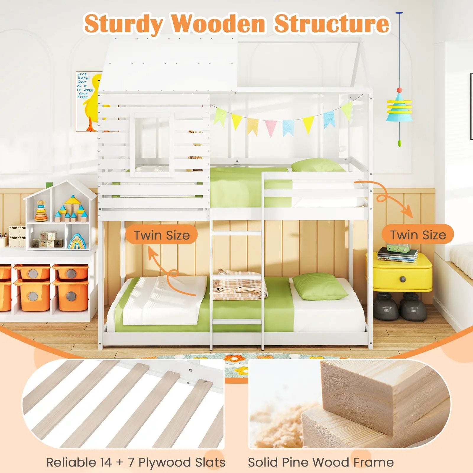 Twin over Twin House Bunk Bed with Roof and Full-length Guardrails-White by DirectDeals
