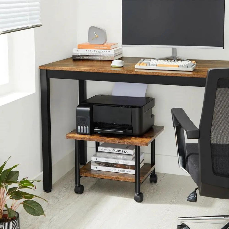 Industrial Black Metal Rustic Wood Printer Stand Cart with Bottom Paper Shelf by HomePacific