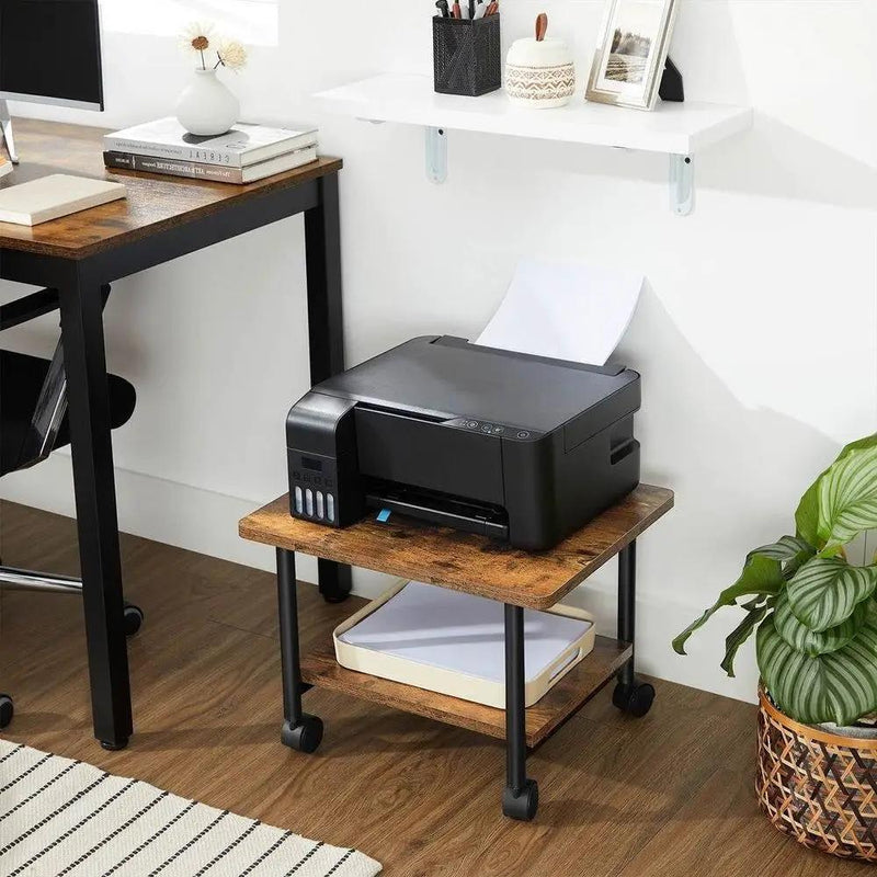 Industrial Black Metal Rustic Wood Printer Stand Cart with Bottom Paper Shelf by HomePacific