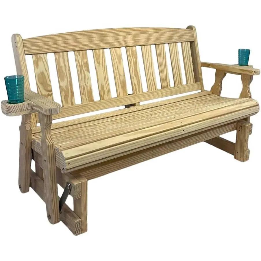 4ft Heavy Duty Unfinished Wood Porch Glider Bench with Cupholders - Made in USA by HomePacific