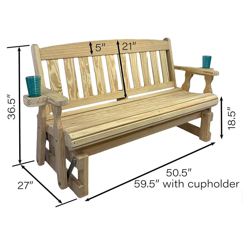4ft Heavy Duty Unfinished Wood Porch Glider Bench with Cupholders - Made in USA by HomePacific