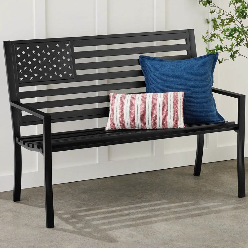2 Person Patriotic USA Black Metal Bench with American Flag Backrest by HomePacific