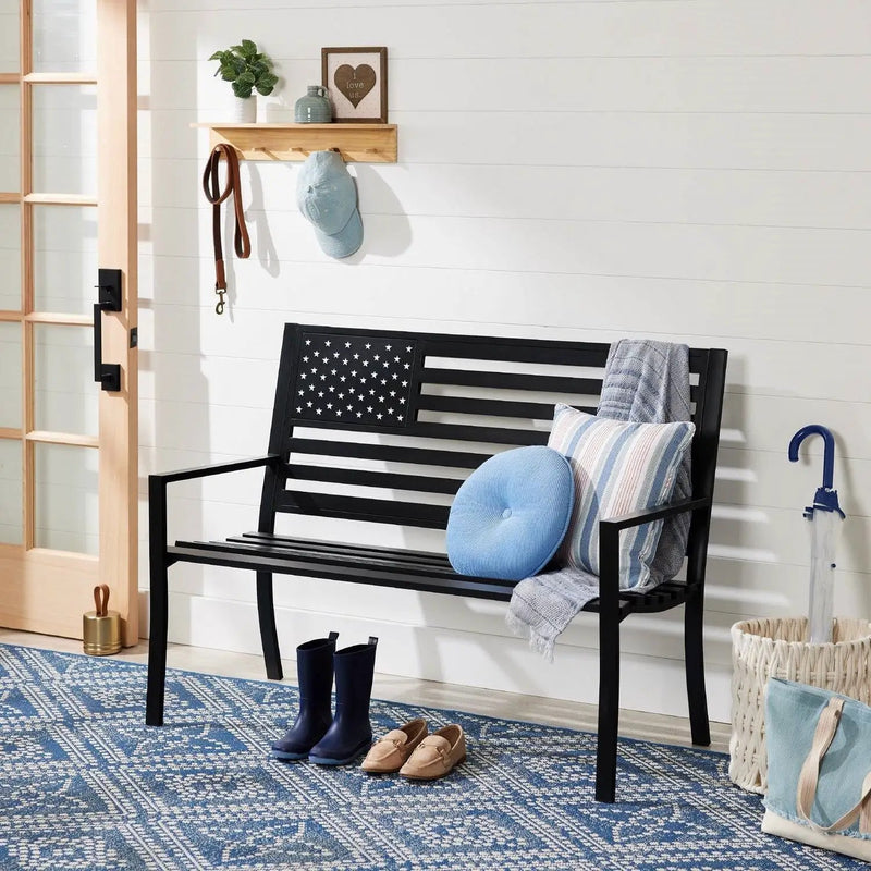 2 Person Patriotic USA Black Metal Bench with American Flag Backrest by HomePacific