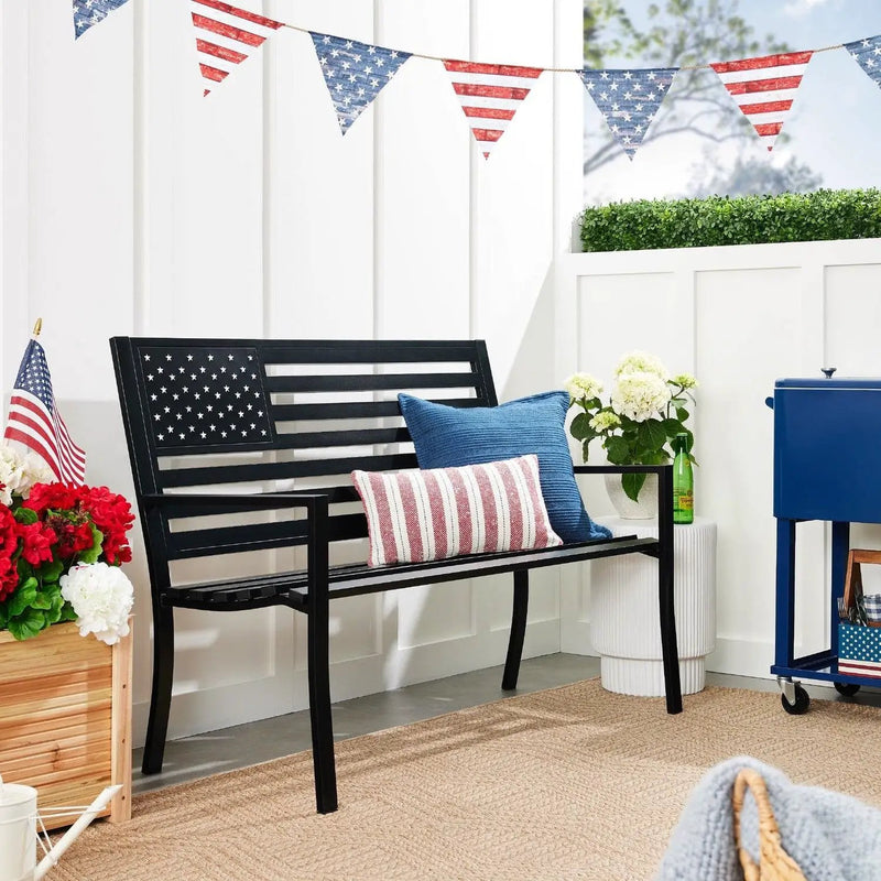 2 Person Patriotic USA Black Metal Bench with American Flag Backrest by HomePacific