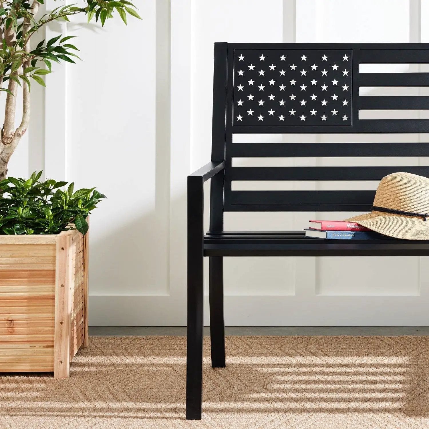 2 Person Patriotic USA Black Metal Bench with American Flag Backrest by HomePacific