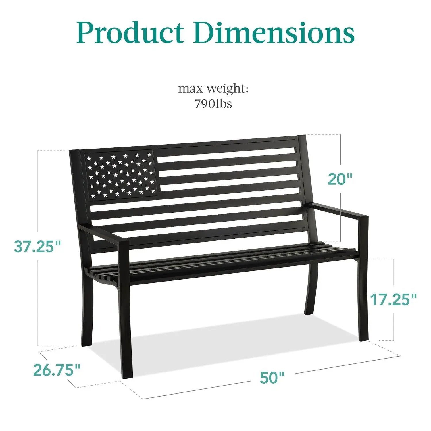 2 Person Patriotic USA Black Metal Bench with American Flag Backrest by HomePacific