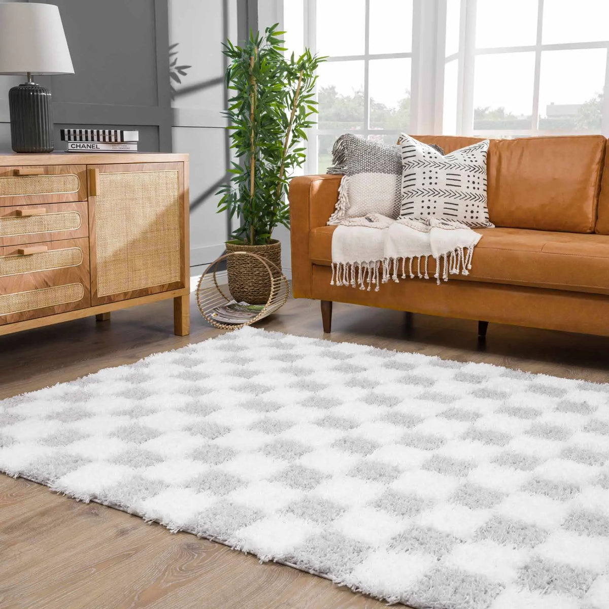 Atira Gray Checkered Area Rug, installed in a room 4