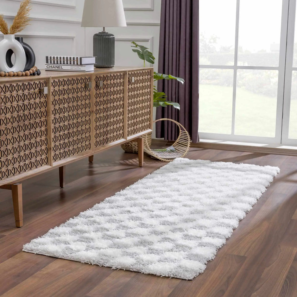 Atira Gray Checkered Area Rug, installed in a room 2