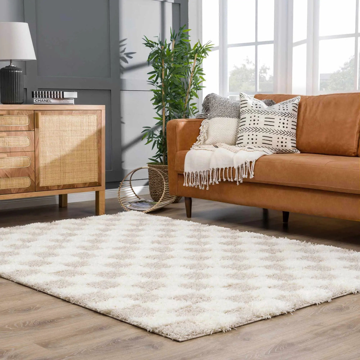 Atira Light Brown Checkered Area Rug, installed in a room 4