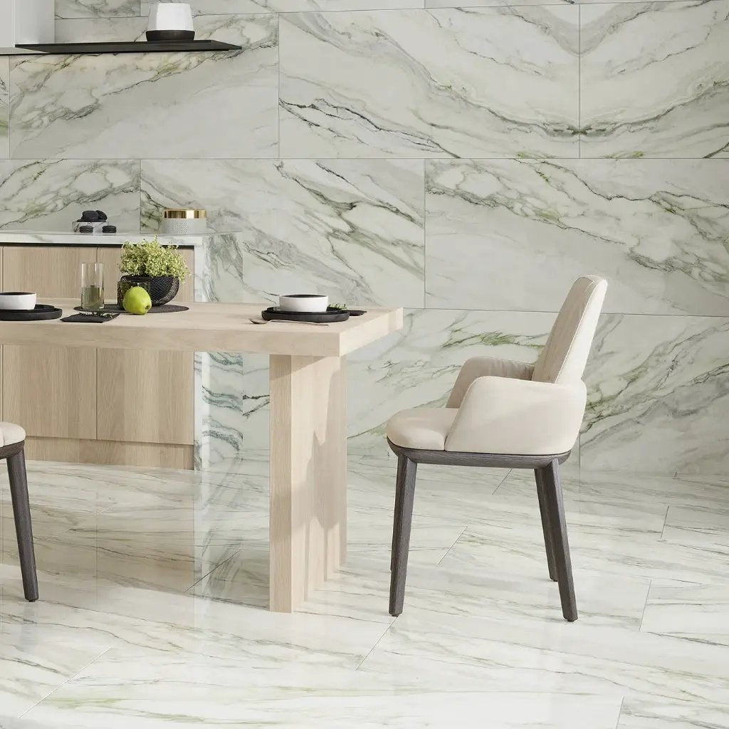 White with Sage Green Vein 24x48 Polished Porcelain Large Format Tile (2 pack, 15.42 sq ft/case) by Apollo Tile