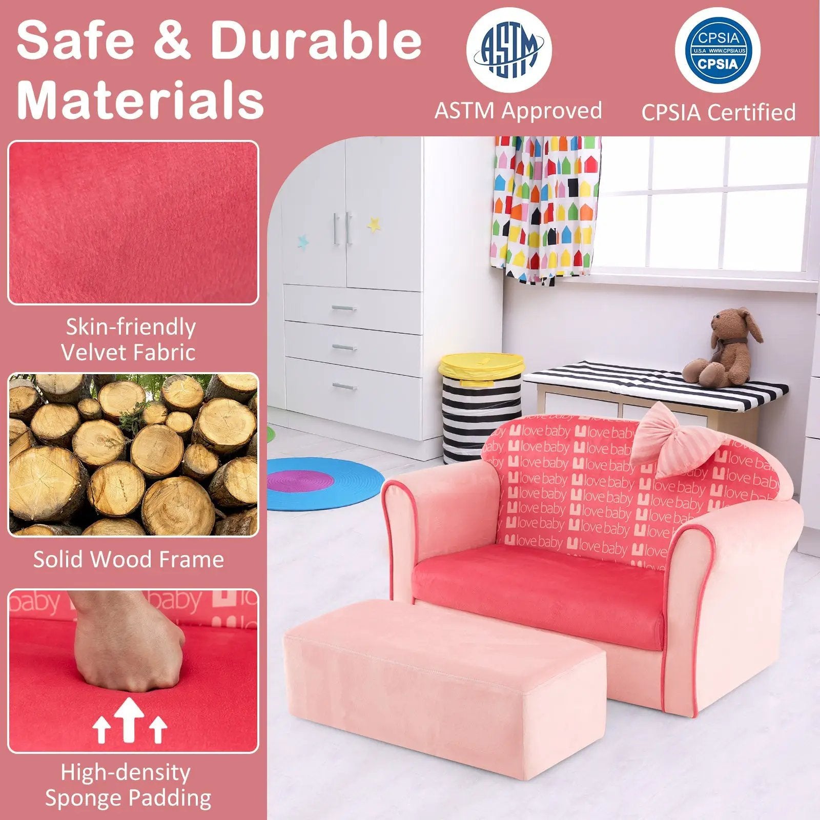 Ultra Soft Velvet Kids Sofa Chair Toddler Couch with Ottoman-Pink by DirectDeals
