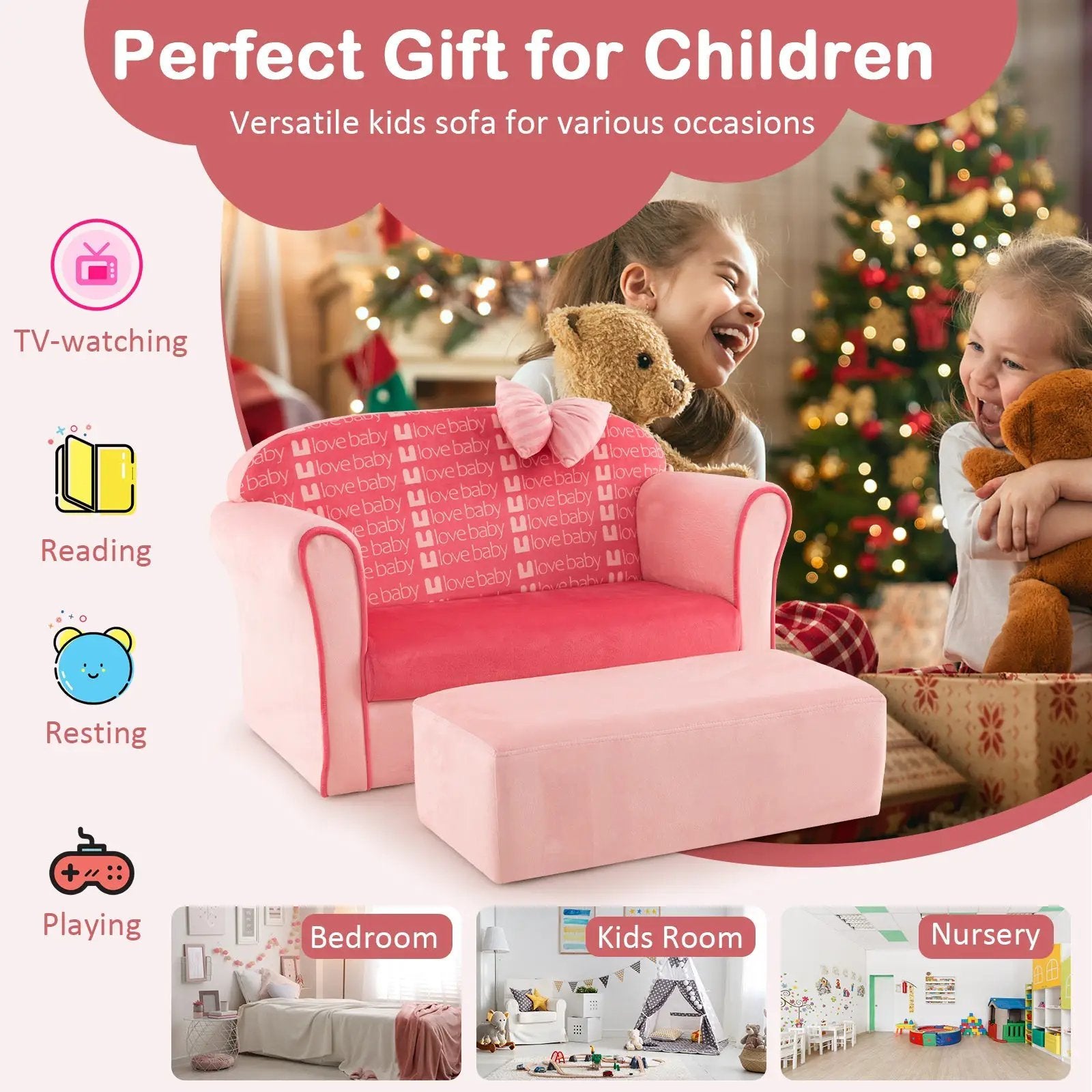 Ultra Soft Velvet Kids Sofa Chair Toddler Couch with Ottoman-Pink by DirectDeals