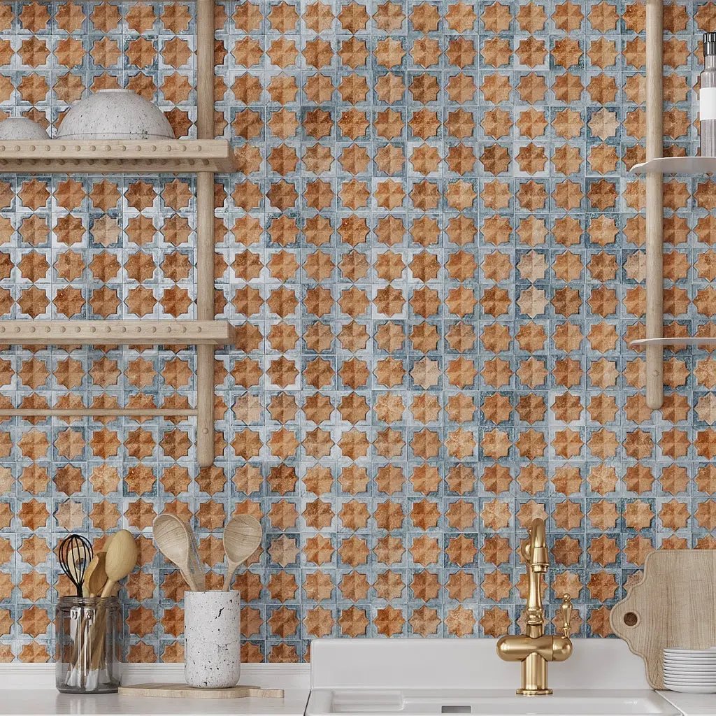 Stone Blue Nude Beige 12x22 Matte Glossy Rectangle with Star Details Porcelain Large Format Tile (7 pack, 13.03 sq ft/case) by Apollo Tile
