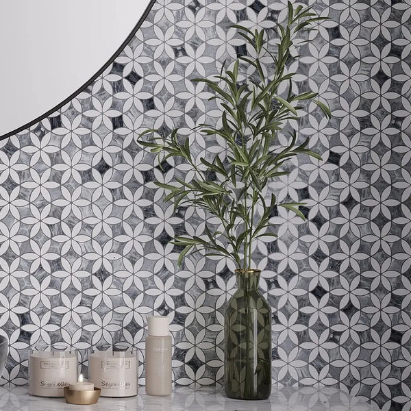 Gray White 12x15 Polished Floral Marble Mosaic Tile (5 pack, 6.18 sq ft/case)