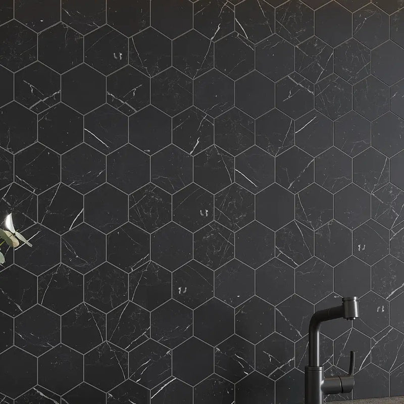Black with White Vein 10x12 Polished Hexagon Glass Recycled Glass Mosaic Tile (10 pack, 8.29 sq ft/case) by Apollo Tile