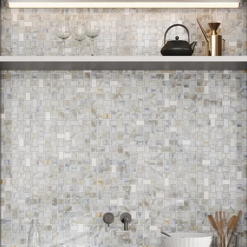 White Gray 12x12 Polished Basketweave Calacatta Gold Thassos Marble Mosaic Tile (5 pack, 5 sq ft/case) by Apollo Tile