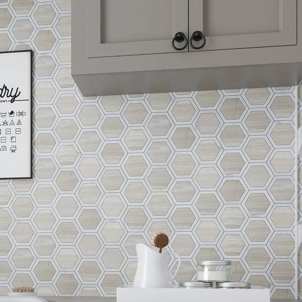 Wooden Grey, Bianco Carrara 12x14 Polished Hexagon Marble Mosaic Tile (5 pack, 5.48 sq ft/case)